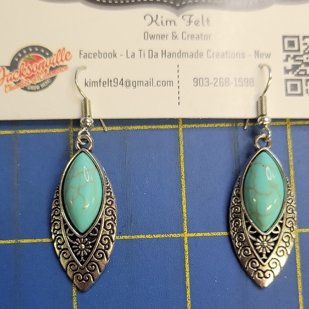 Turquoise Faux Silver Tone 1.75" Dangle Earrings